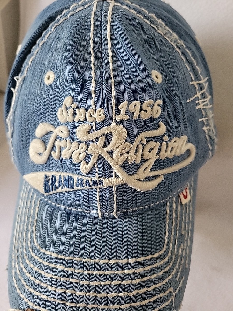 True Religion Hat Cap Distressed Denim TRU Logo Embroidered