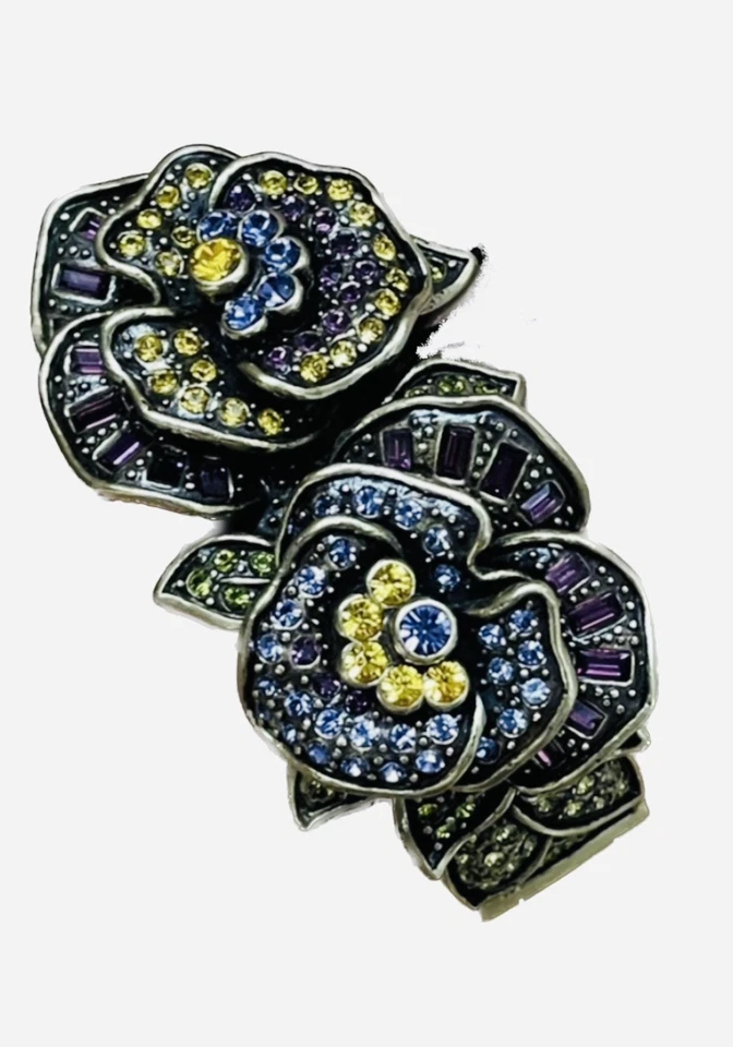 Heidi Daus "Pleasing Pansy" Hinged Cuff Floral Swarovski Crystal Bracelet Sz M L - Image 4 of 4