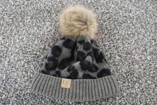 C.C Kids Hat Beanie Knit Gray Leopard Print Faux Fur Pom Winter Warm Girls