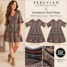 Peruvian Connection Pima Cotton Geometric Knit Bell Sleeve Dress Brown Medium