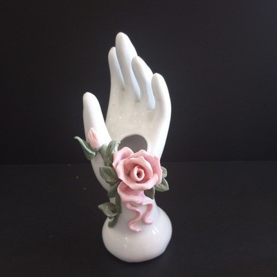 Vintage Lady's Porcelain Left Hand Ring Holder Bud Vase 3D Pink Roses Unsigned 