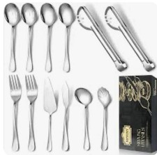 Serving Utensils 12 Piece Silver Stainless Steel Large Spoon Fork Tong Butter