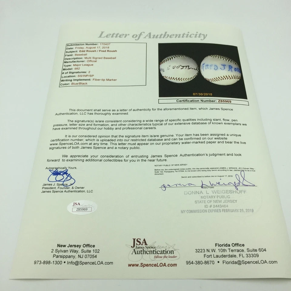 Rare Edd Roush & Fred Roush Brothers Signed Autographed Baseball With JSA COA - Image 4 of 4