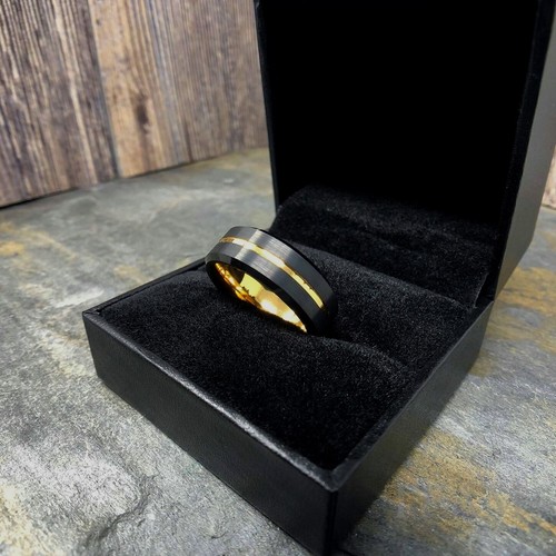 8 mm schwarz Wolframhartmetall Ring dünne goldene Linie Hochzeitsband Komfort Dispatcher - Bild 3 von 7