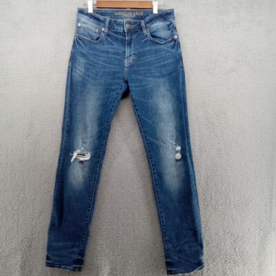 American Eagle Jeans Mens 32x34 Blue Distressed Ripped Slim Straight Basic