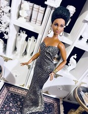 OOAK Curvy Fashion Doll Size Chic Black N Gold Print Evening Gown Ensemble 