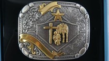 Nocona Silver  Gold Tone Praying Cowboy Ribbon Belt Buckle 37402