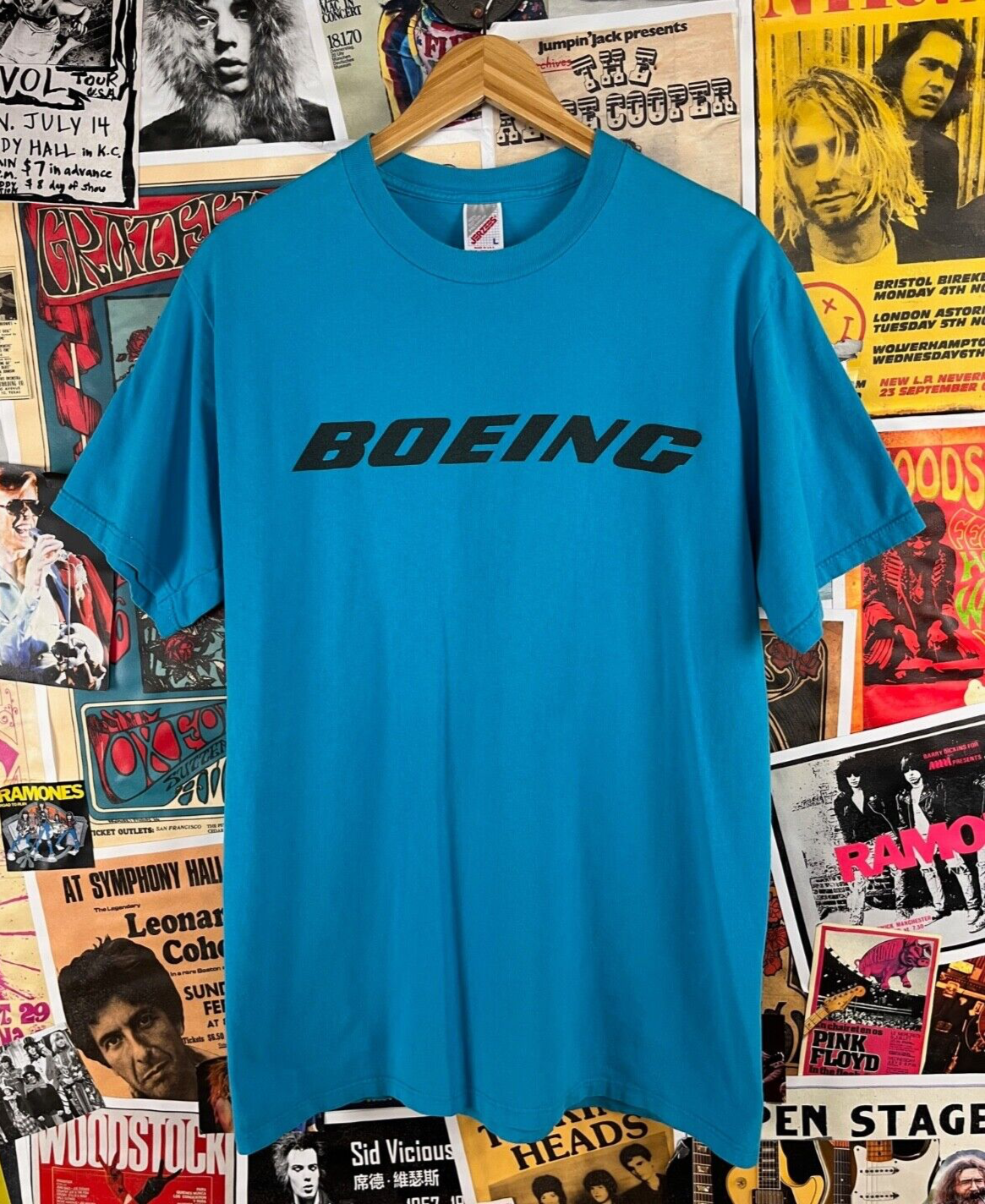 Vintage 90s Teal Blue Boeing All Cotton Jerzees Graphic Crewneck T-Shirt M/L