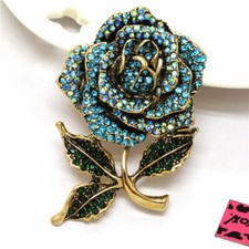 Blue Bling Crystal Vintage Rose Flower Fashion Women Charm Brooch Pin Gift