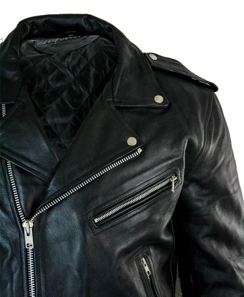 Chaqueta de cuero para motocicleta para hombre piel de búfalo genuina estilo marca motociclista negro Foto 4 de 4