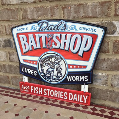 Dads Bait Shop Lures Worms Fish Stories Tackle Metal Sign Bass Man
