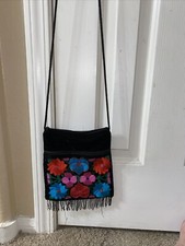 Tassel Zip Embroidered Flower Design Purse Velvet