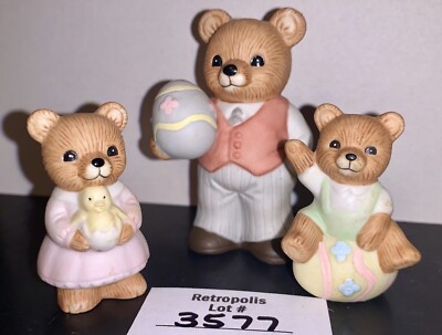 3 Homco Teddy Bear Easter Eggs Chick Figurines Vintage