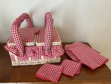 Vintage Azar Childs Sewing/Picnic Basket With Napkins Red White Gingham Lined