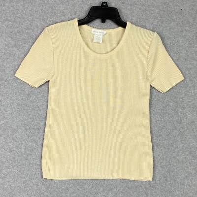 Pierre Cardin Sweater Womens Sz M Cream Ribbed Knit Lightweight Short Sleeve VTG