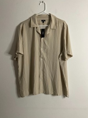 Express Men's Beige/White Striped Short Sleeve Button-Down Shirt Size L