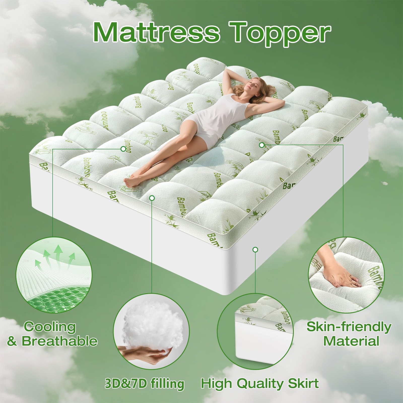 Easthome Mattress Topper Queen Size Viscose Derived from Bamboo, Thick Soft P...