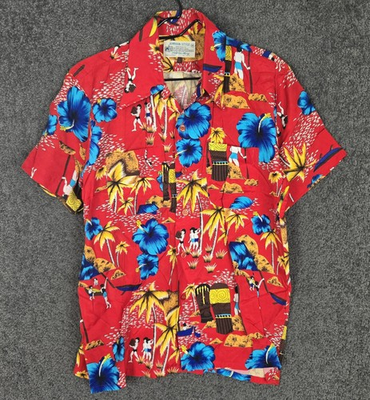 #ad #ad Vintage KMart Hawaiian Style Shirt Mens Medium Red Rayon Scenic Polynesian 1970s $25.99