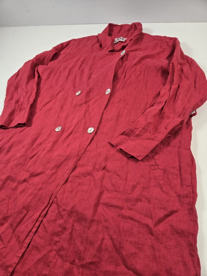 Flax Coat Womens Large Red Linen Long Button Front Duster Jacket - Image 2 of 4