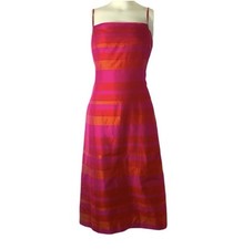Silk 100% Bright Pink Orange Red Striped Women Fit & Flare Dress Size 6 / S