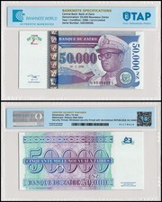 ​Zaire 50000 Nouveaux Zaires, 1996, P-75a.1, UNC, Authenticated