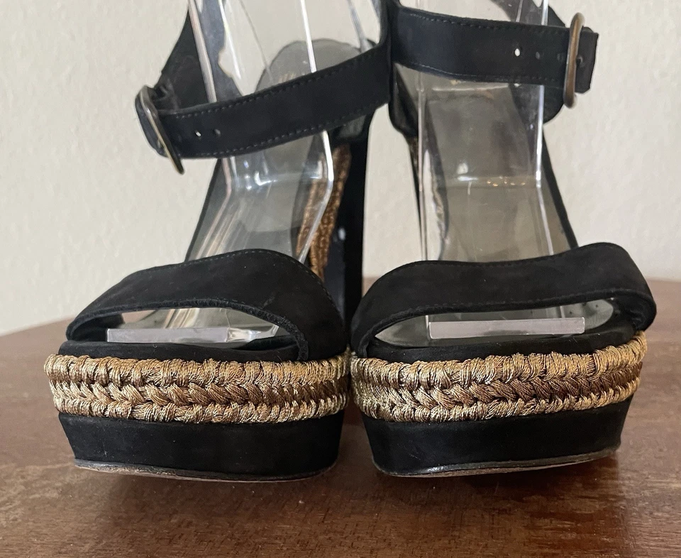 Stuart Weitzman Women Black Suede Platform Block High Heel  Gold Braid Trim 7 - Image 4 of 4