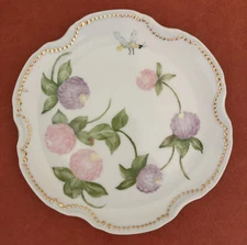 Handpainted Flowers & Bee Scalloped Side Dessert Bread Plate Marked E.VE. 78