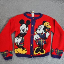 Vintage Disney Sweater Youth Kids 10-12 Red Mickey Minnie Graphic Cardigan 80s