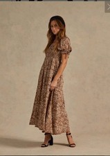 Rylee + Cru Dallas Dress Brown Ditsy Floral Smocked Puff Sleeve Midi Maxi Large
