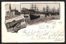 Vorläufer-Lithographie Hamburg, 1894, Hafen, Jungfernstieg, Neues Rathaus 1894 