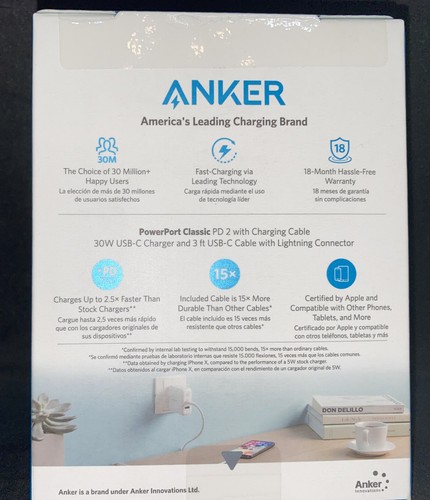 Anker Apple Fast Charge Power Port Classic PD 2 White 3' Charging Cable B2701 - Zdjęcie 2 z 3