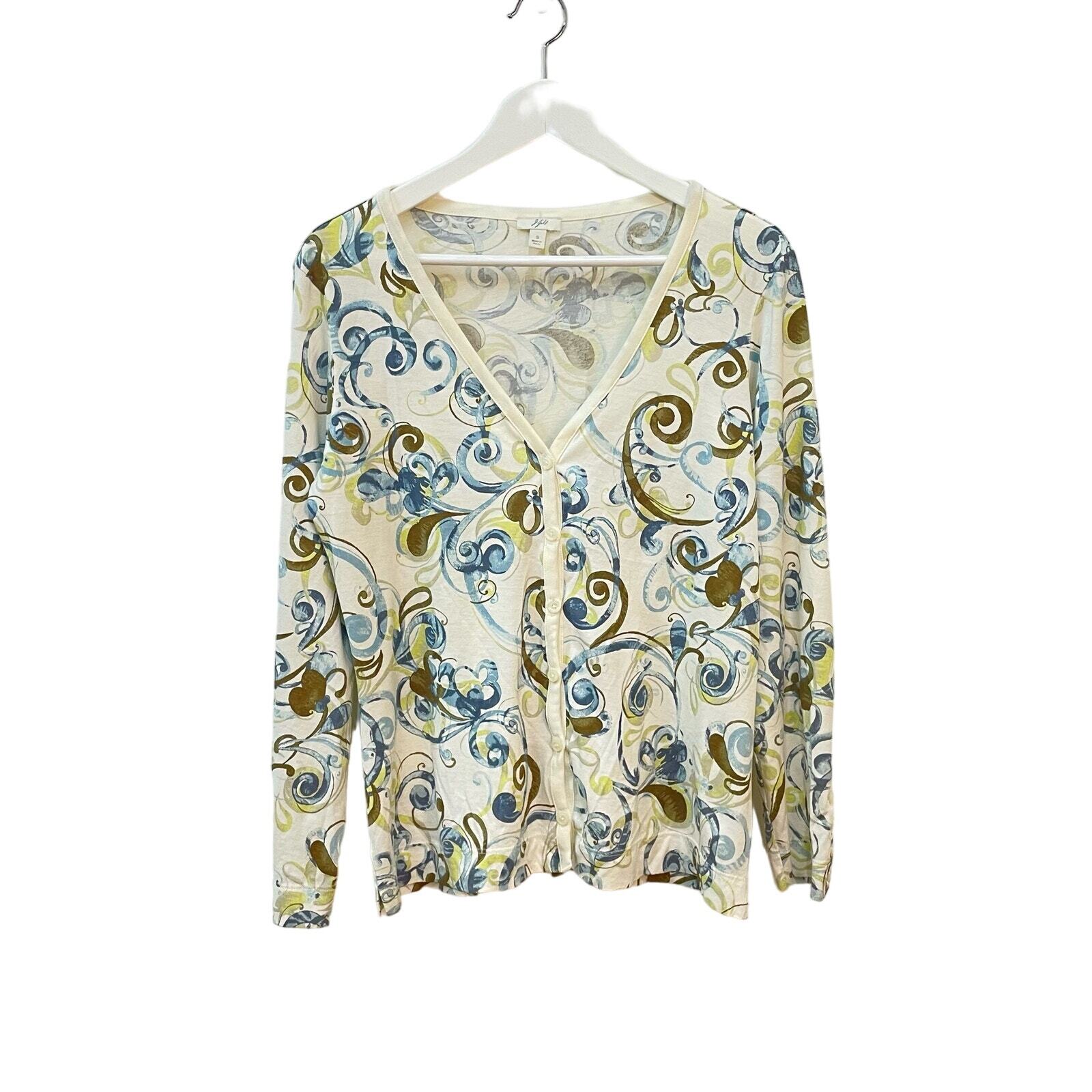 J Jill Cream Abstract Print V-Neck Pima Cotton Button Cardigan Size S