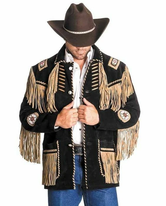 Men Western Cowboy Suede Fringe Jacket Beaded Native American Leather Jacket