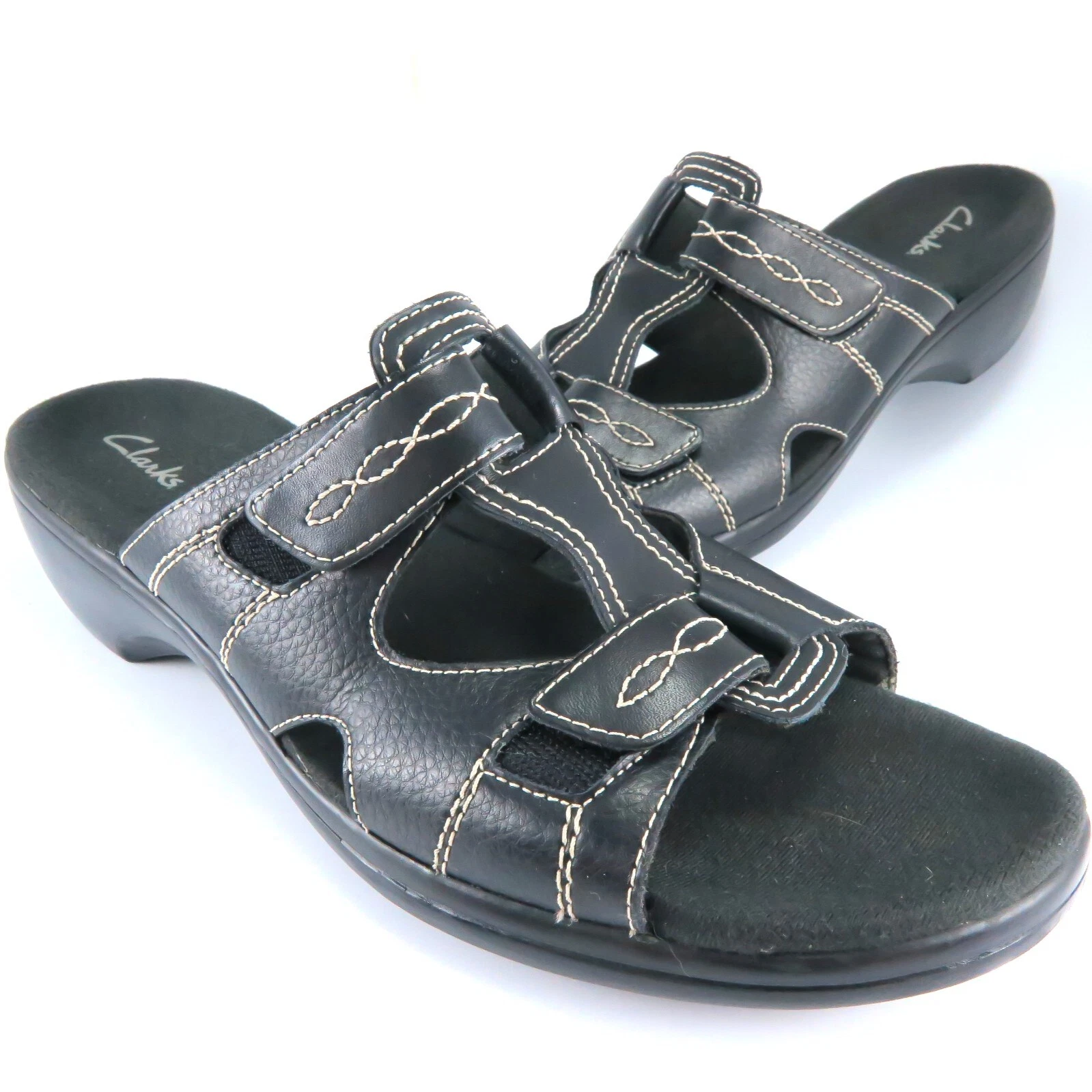 Clarks sandalo slide punta aperta donna taglia 11M nero pelle testurizzata slip on mule