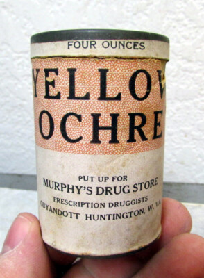 vintage unusual Yellow Ochre 4 oz container, mostly full, Murphys Drug store WV