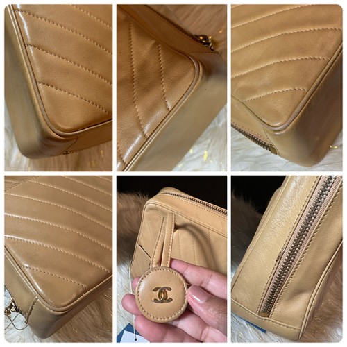 CHANEL Beige V Stitch CC logo lambskin shoulder bag with Card authenticity - Picture 12 of 24