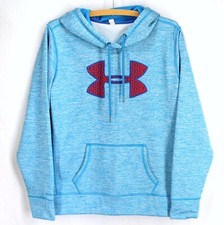 Under Armour Hooded Sweatshirt Womens Sz M Blue Red Logo Loose Fit Cold Gear