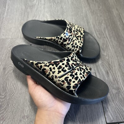OOFOS Ooahh Cheetah Pattern Slides Black Rubber Sandals Shoes US W M 