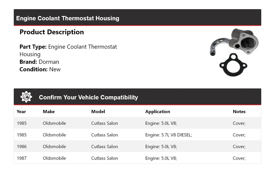 Carcasa termostato refrigerante motor Dorman salón Oldsmobile Cutlass 1985-1987 Foto 2 de 4