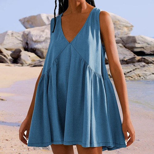 Womens Summer Sleeveless Mini Dress Casual Loose V Neck Sundress Babydoll Dress - Picture 4 of 16