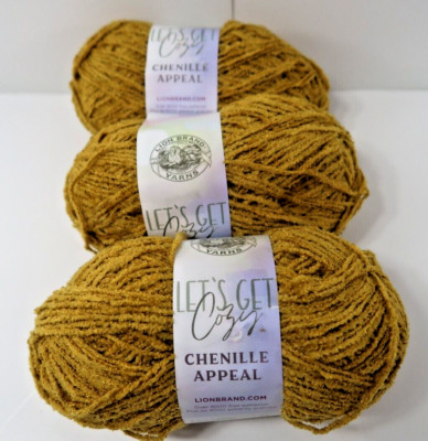 3 SKEINS LION BRAND YARN LET'S GET COZY CHENILLE APPEAL MATCH # NIP HARVEST GOLD