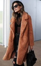 Women's Fuzzy Fleece Lapel Open Front Long Cardigan Coat Faux Fur Winter Outwear