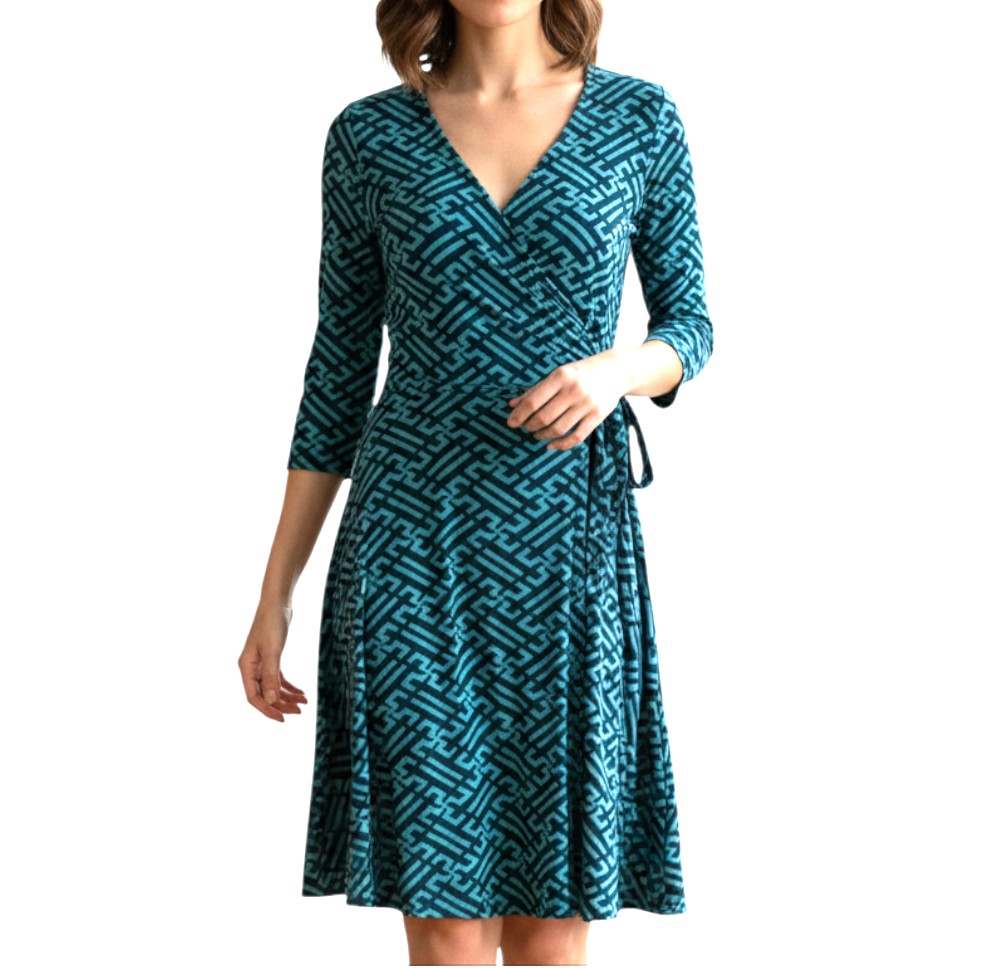 41 Vestido HAWTHORN Imitación Envolvente AZUL MARINO Y VERDE GEO ESTAMPADO Cinturón Tejido Jersey Slinky M