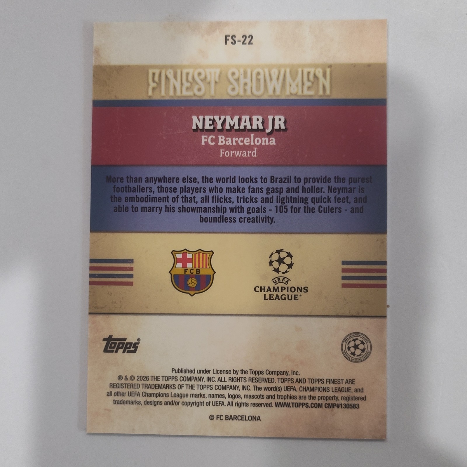 Topps Finest UEFA Neymar Jr FC Barcelona #FS-22 Finest Showmen 2026 view 2
