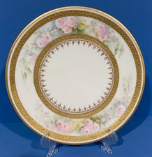 LIMOGES PLATE ROSES GOLD HAND PAINTED ANTIQUE PORCELAIN FRANCE T V 1892 RARE 12