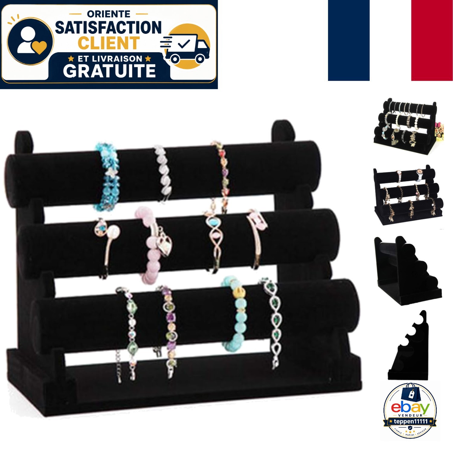 Rangement bijoux velours noir écrin luxe pour 20 bagues et colliers