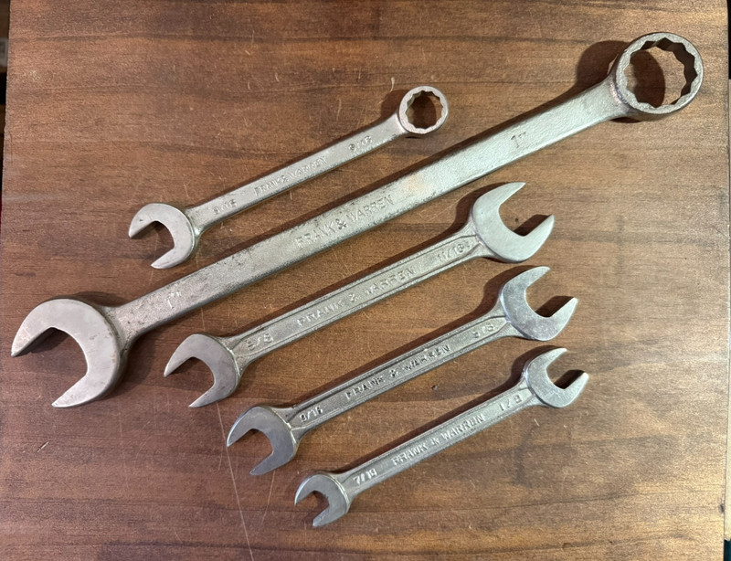 5 Vintage Frank & Warren combination / open ended wrenches 7/16 - 1 inch