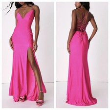 LULUS Divine Desires Hot Pink Satin Lace Up Back Mermaid Maxi Dress size S NWT