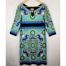 Bohemian Dress XL Midi Knit Sheath 3/4 Sleeve Blue Colorful Equestrian Design
