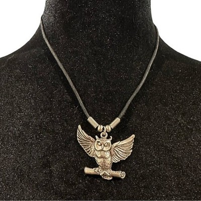 Owl Pendant Necklace Silver Tone Black 24 Inch Length Women Teen